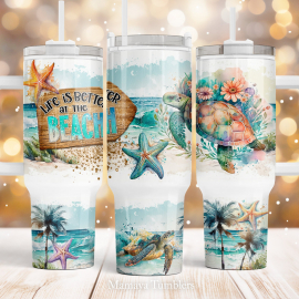 Life is better at the beach 40 oz Quencher tumbler sublimation design Summer Turtle starfish Quote digital PNG wrap Waterslide download