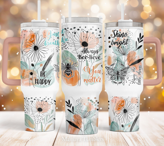Positive affirmations 40oz Quencher tumbler sublimation design Boho Floral Digital Be happy Butterfly digital wrap Waterslide download