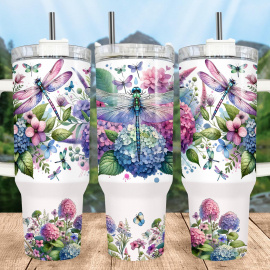 Floral Dragonfly 40Oz Tumbler Wrap Dragonflies Sublimation Tumbler Design Hydrangea 40Oz Png Digital Download Flowers Nature 40Oz Tumbler