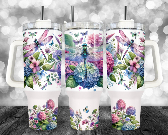 Floral Dragonfly 40Oz Tumbler Wrap  Dragonflies Sublimation Tumbler Design  Hydrangea 40Oz Png Digital Download  Flowers Nature 40Oz Tumbler