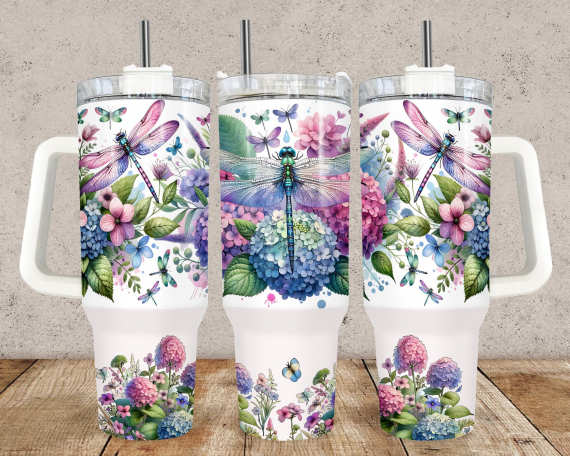 Floral Dragonfly 40Oz Tumbler Wrap  Dragonflies Sublimation Tumbler Design  Hydrangea 40Oz Png Digital Download  Flowers Nature 40Oz Tumbler